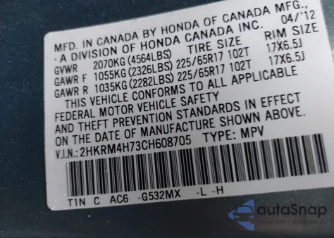 2012 Honda Cr-V Ex-L z USA, uszkodzony, nr VIN 2HKRM4H73CH608705